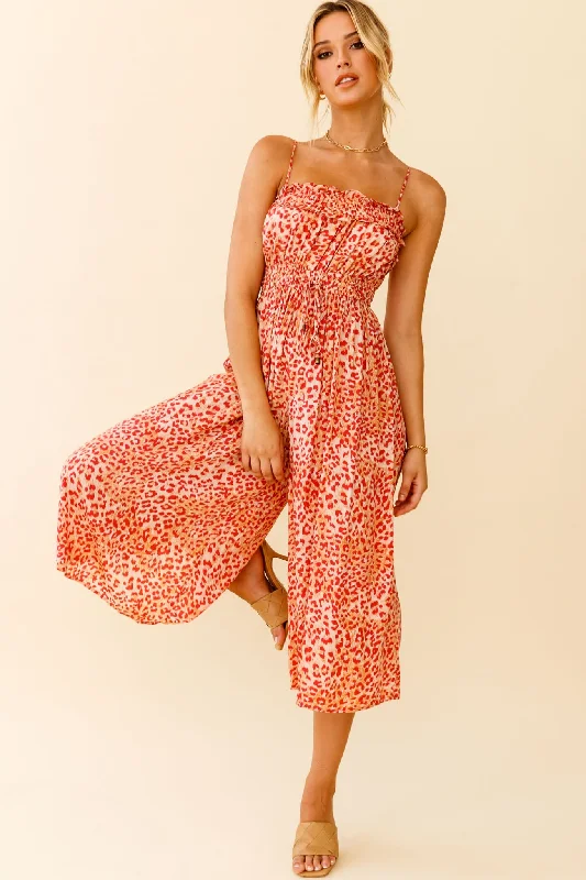 Women jumpsuits with polka - dot patterns for a classic and playful styleWeekend Escape Cami Strap Drawstring Jumpsuit Animal Print Orange