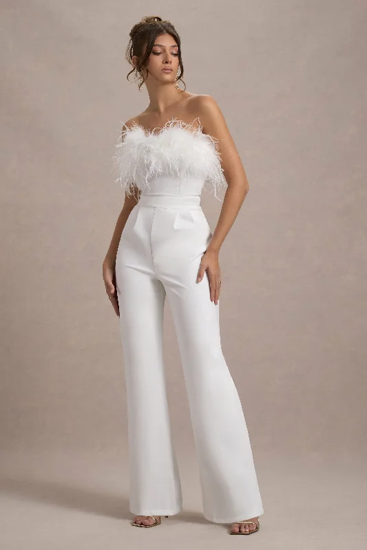 Women jumpsuits with wide - leg pants for a trendy and comfortable fitFirst Class | White Bandeau Feather Wide Leg Jumpsuit