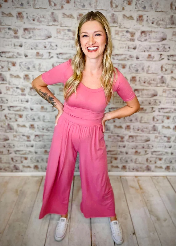 Women jumpsuits with pom - pom trims for a playful and festive lookMauve Wide Leg Short Sleeve Jumpsuit