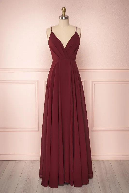 Midi dresses with bow accents for a sweet and charming lookAelis Burgundy | Pleated Plunging V-Neckline Gown