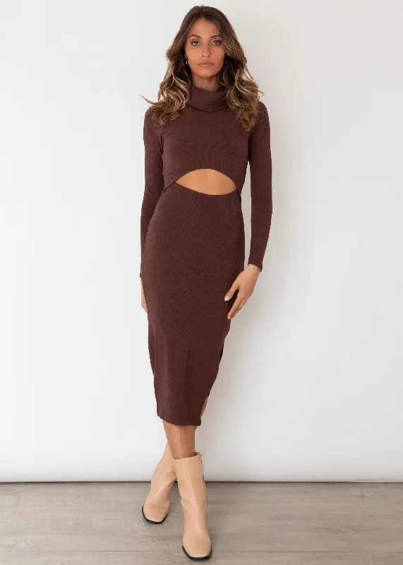 Wrap - style midi dresses in silk for a sophisticated office lookAnaleah Cut Out Midi Dress - Chocolate