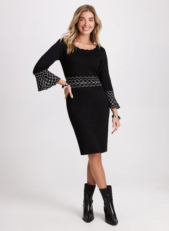 Midi dresses with patchwork patterns for a one - of - a - kind styleBell Sleeve Sweater Dress