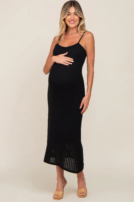 Sleeveless midi dresses with lace details for summer weddingsBlack Open Knit Crochet Maternity Midi Dress