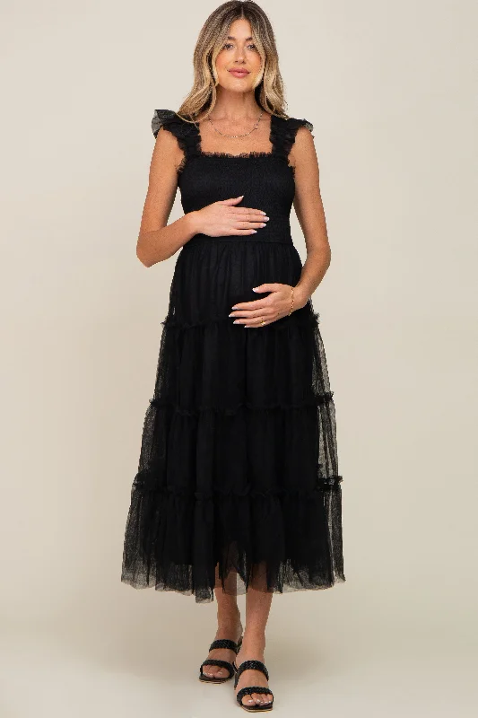 Midi dresses with pom - pom trims for a playful and festive lookBlack Smocked Mesh Ruffle Accent Maternity Midi Dress