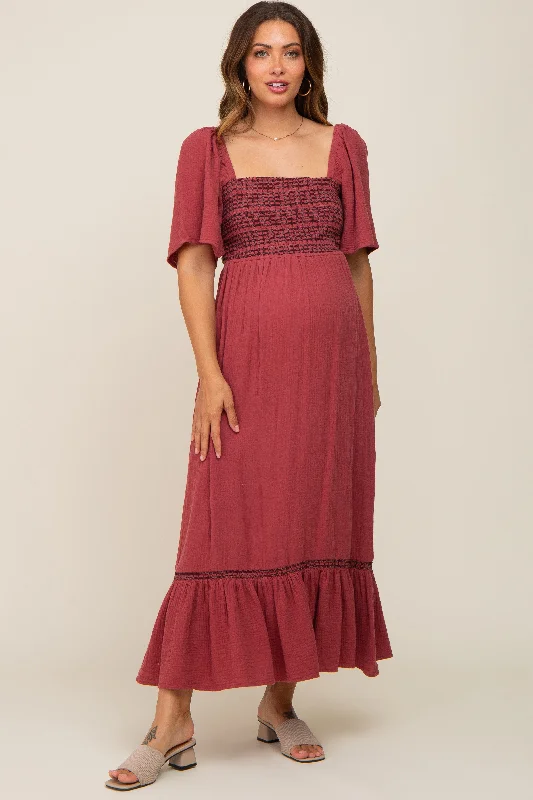 Midi dresses with off - the - shoulder necklines for a flirty lookBurgundy Embroidered Smocked Square Neck Open Back Maternity Midi Dress