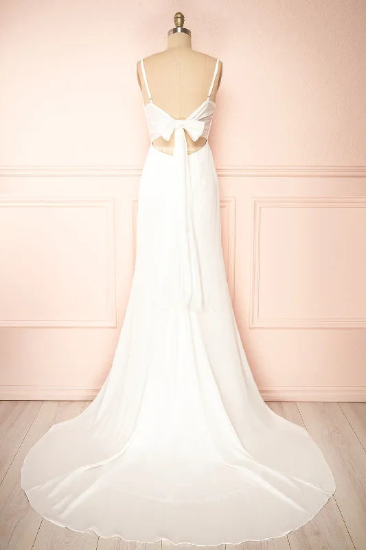 Midi dresses with animal prints for a bold and confident appearanceElarielle | Tie-Back White Cowl Neck Wedding Gown