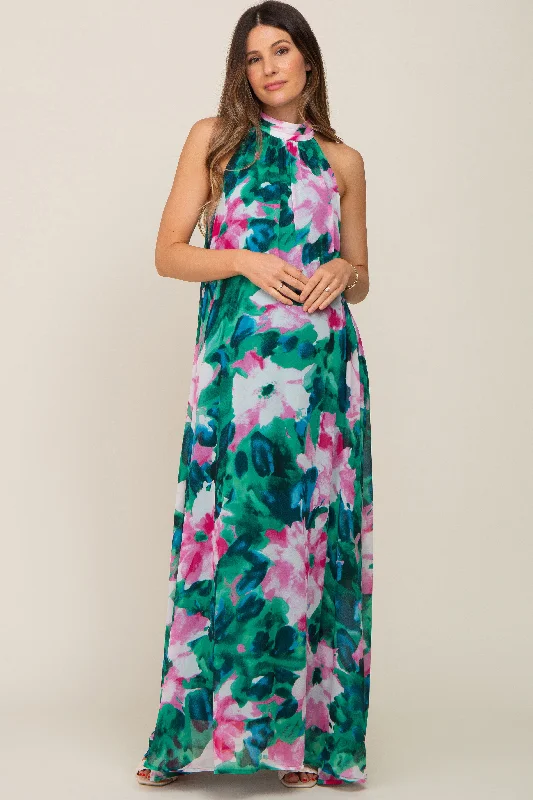 Midi dresses with cotton - blend materials for everyday comfortGreen Multi-Color Halter Maternity Maxi Dress