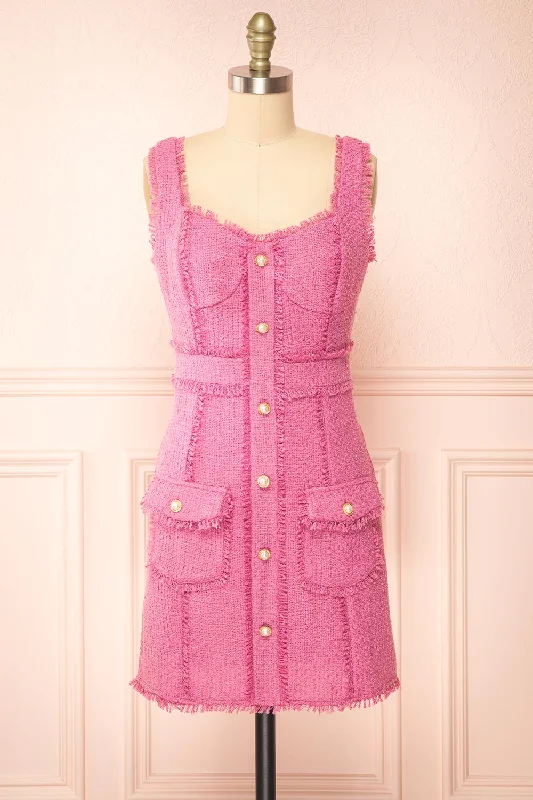 Midi dresses with polka dot prints for a playful summer outfitIsmay | Pink Tweed Fitted Dress w/ Pearl Buttons