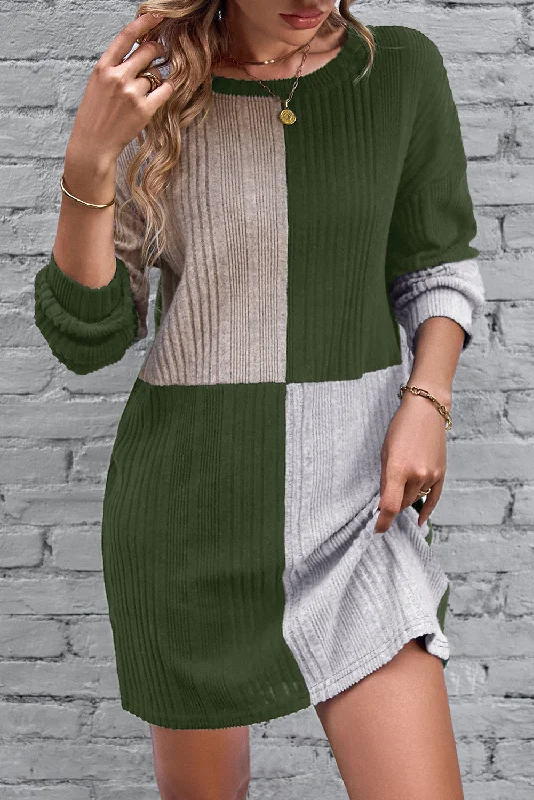 Midi dresses with one - shoulder designs for a modern and asymmetric styleColorblock Ribbed Long Sleeve Dress