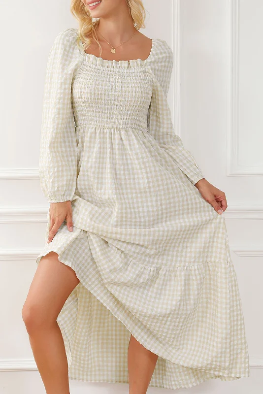 Maxi - inspired midi dresses with flowing fabrics for a beachy vibePlaid Gingham Smocked Maxi Dress