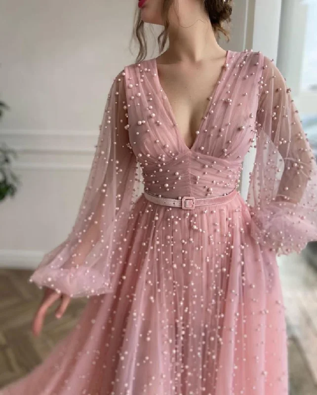 Midi dresses with ribbed textures for a unique and tactile appearanceMimosa Beaded Pink Gown