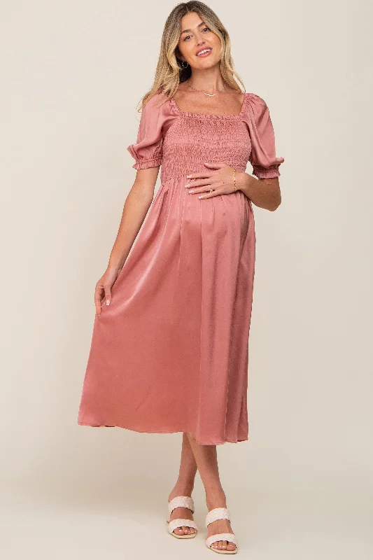 Midi dresses with pleated bodices for a classic and tailored lookPink Satin Puff Sleeve Maternity Midi Dress