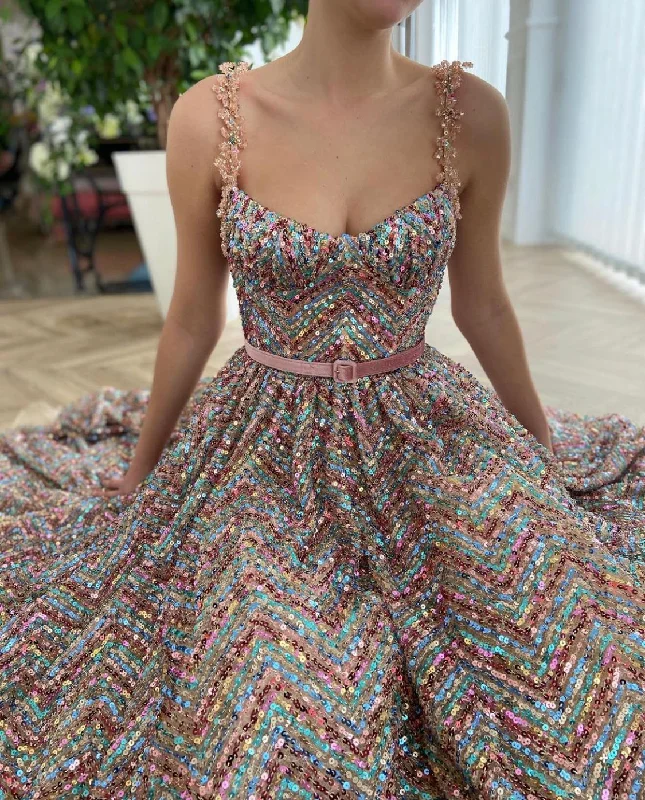 Midi dresses with button - down skirts for a unique and functional designRainbow Sequined Dress