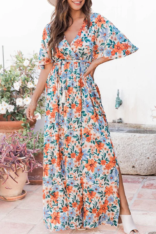 Midi dresses with cotton - blend materials for everyday comfortFloral Wrap Belted Maxi Dress