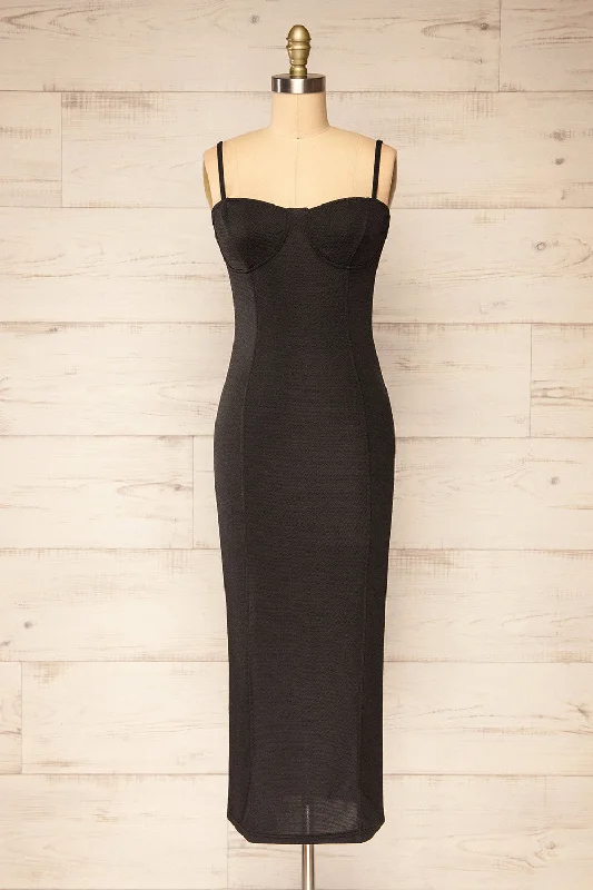 Midi dresses with ribbed textures for a unique and tactile appearanceSuai Black | Fitted Midi Dress w/ Back Slit