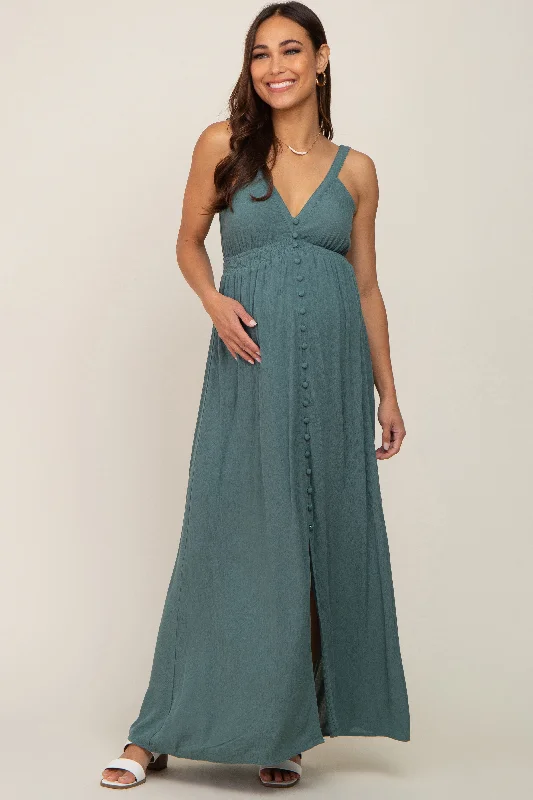 Midi dresses with pom - pom trims for a playful and festive lookTeal Button Front Accent Maternity Maxi Dress