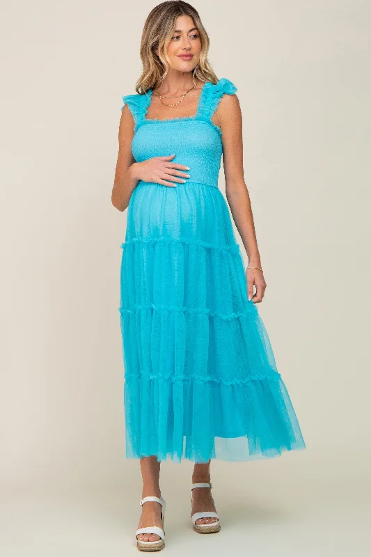 Midi dresses with puff sleeves for a vintage - inspired lookTurquoise Smocked Mesh Ruffle Accent Maternity Midi Dress