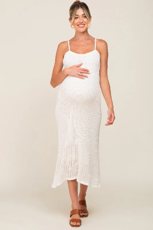 Midi dresses with belted waists to accentuate the figureWhite Open Knit Crochet Maternity Midi Dress