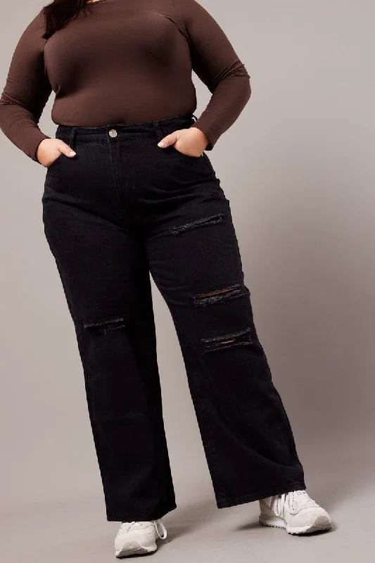 Black Baggy Jeans High Rise Knee Distress