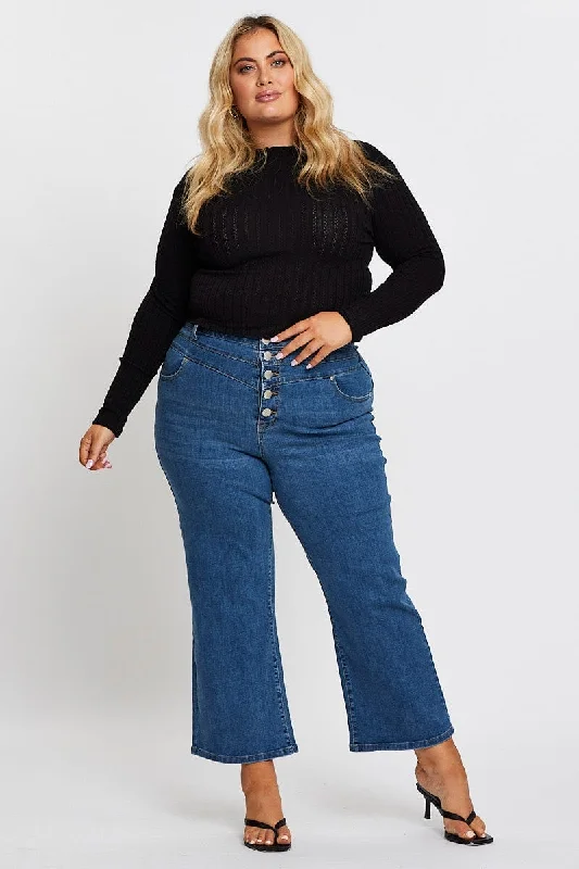 Blue High Rise 4 Buttons Wide Leg Denim Jeans