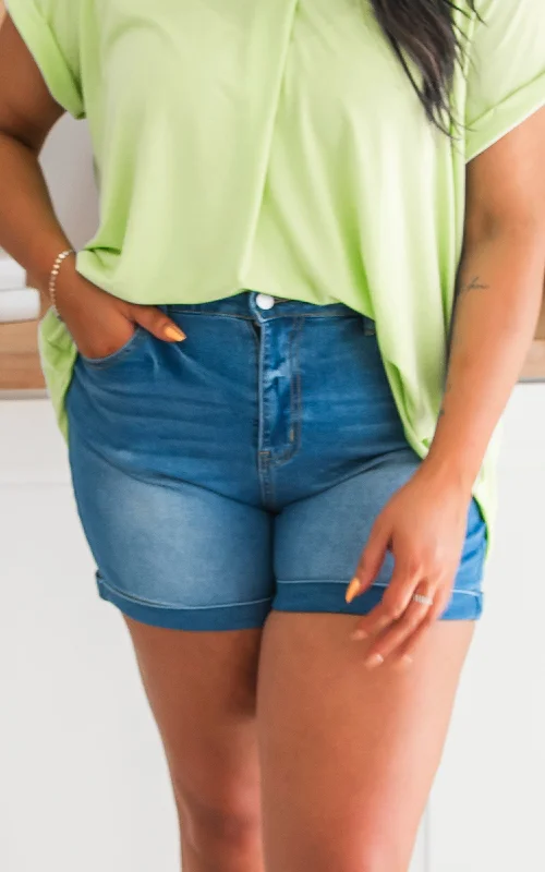 High - Waisted Plus Size Women's Denim Shorts with Distressed Details for a Trendy LookHigh Rise Tummy Control Denim Shorts - Final Sale