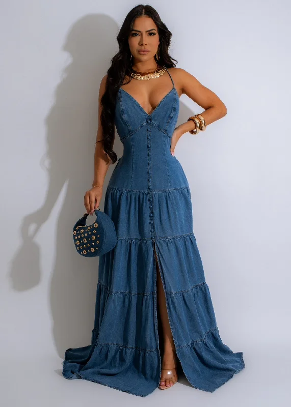 Sweet Girl Denim Maxi Dress Dark Denim