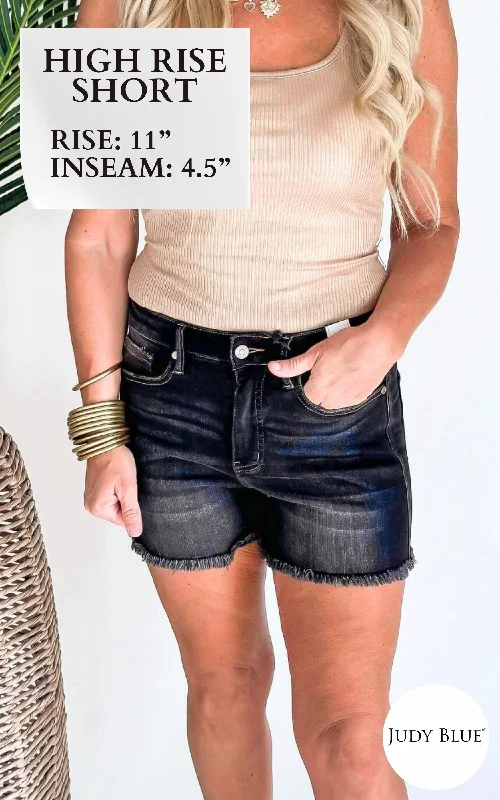 Plus Size Women's Denim Bermuda Shorts in Dark Wash for a Classic and Sophisticated StyleThe Maddie High Waist Tummy Control Fray Hem Denim Shorts | Judy Blue