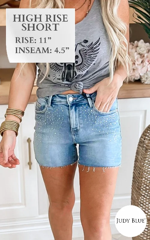 Plus Size Women's Stretch Denim Shorts with Belt Loops in Medium Wash for a Versatile FitThe Monica High Waist Rhinestone Embellishment Denim Shorts (REG/CURVY) | Judy Blue - Final Sale