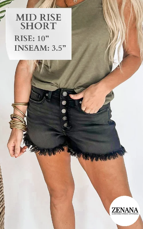 Plus Size Women's Denim Bermuda Shorts in Dark Wash for a Classic and Sophisticated StyleWashed Black Frayed Hem Button Fly Denim Shorts - Final Sale