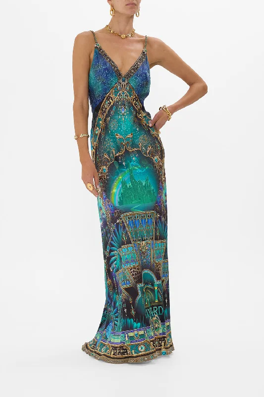 Maxi dresses with patchwork designs for a one - of - a - kind styleV NECK LONG BIAS SLIP DRESS WITH TRAIN DEFY GRAVITY