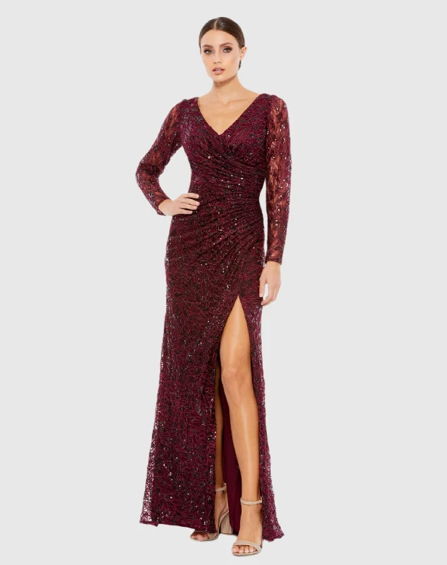 Strapless maxi dresses for a beachside vacationLong Sleeve Ruched Sequined V-Neck Gown