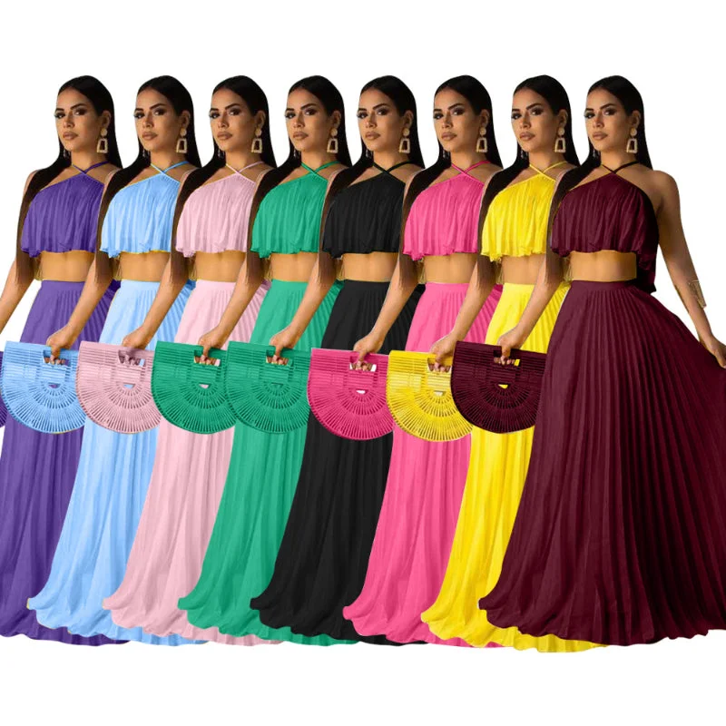 Maxi dresses with a ruffled neckline for a charming look2023 Summer Bohemian Dress 2 Piece Set Casual Women Clothing Crop Tank Top Maxi Long Pleated Flowy Skirt Two Piece Skirts Set