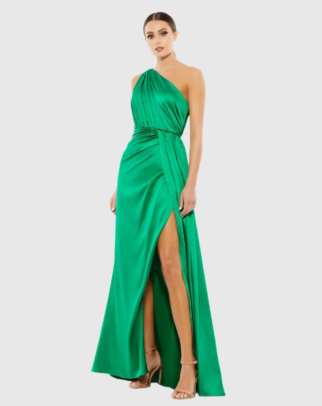 Maxi dresses with mesh panels for a sexy and trendy appearanceGathered One Shoulder Satin Faux Wrap Gown