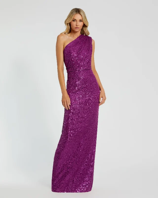 Maxi dresses with pom - pom trims for a playful and festive lookDark Purple Sequined Ruched One Shoulder Gown