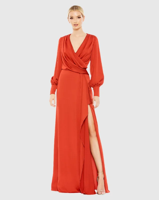 Maxi dresses with a criss - cross back for a flirty and unique detailDraped Bishop Sleeve Charmeuse Gown