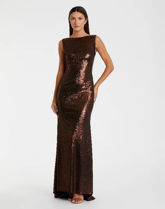 Animal print maxi dresses for a statement - making outfitBrown Metallic Jersey Cowl Back Column Gown