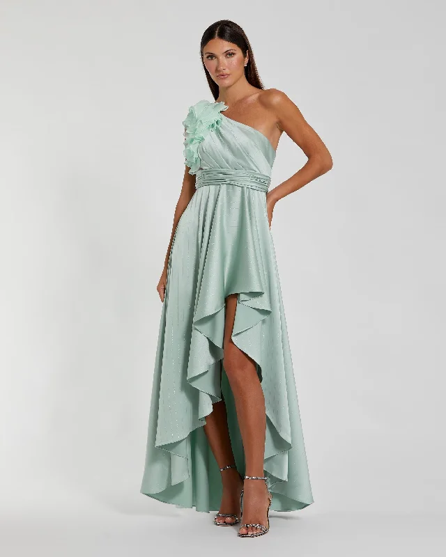 Maxi dresses with a button - down front for a classic lookBlue Ruffled One Shoulder Cut Out Hi-Low Gown