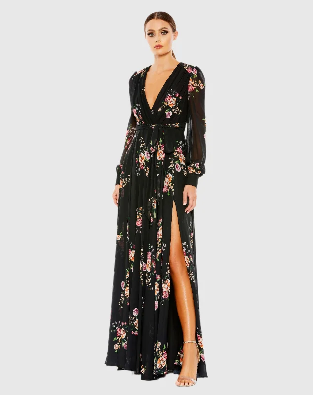 Maxi dresses with pocket details for added functionalityBelted Floral Print Illusion Long Sleeve Gown