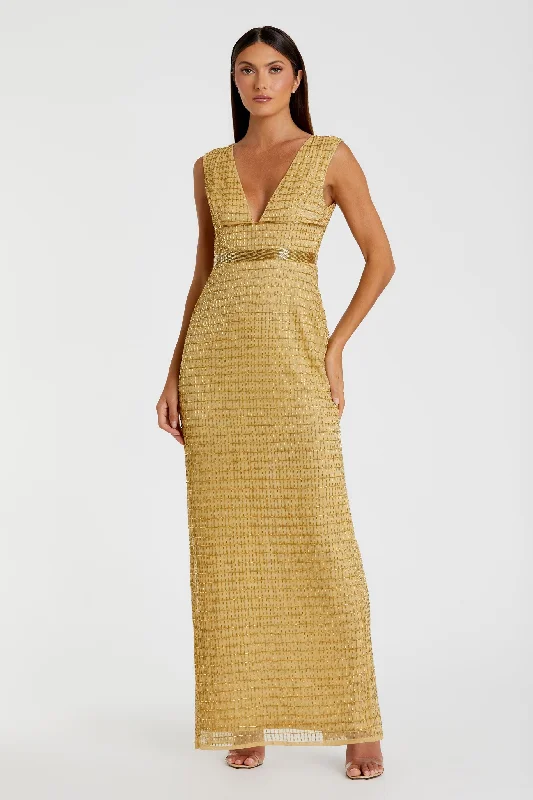 Maxi dresses with beaded embellishments for a fancy and luxurious eventBeaded Cap Sleeve V Neck Column Gown