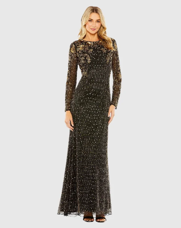 Maxi dresses with thin spaghetti straps for a delicate and feminine feelHigh Neck Long Sleeve Embellished Gown