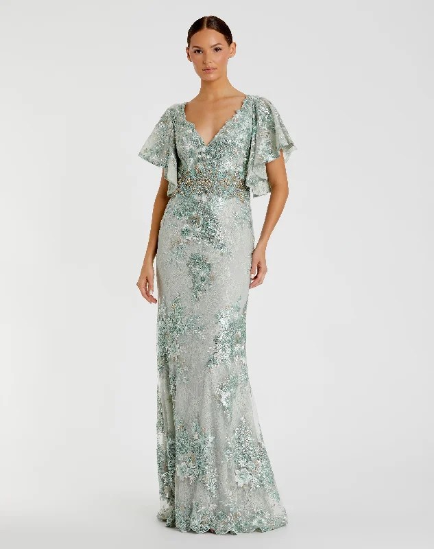 Maxi dresses with side slits for a touch of allureBell Sleeve Floral Embellished Gown