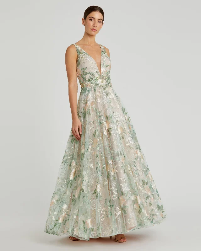 Maxi dresses with a button - down front for a classic lookFloral Embroidered Illusion V-Neck Gown