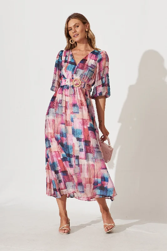 Maxi dresses with cold - shoulder cutouts for a trendy lookAdrina Maxi Dress In Purple With Blue Multi Print