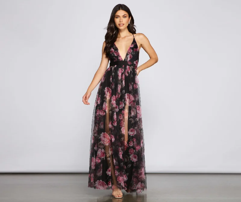 Maxi dresses with one - shoulder designs for a stylish and asymmetric lookAubrey Floral Mesh A-Line Dress