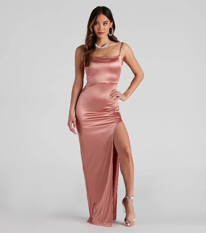 Maxi dresses with ribbed textures for a unique and tactile lookAyla High Slit Satin Dress