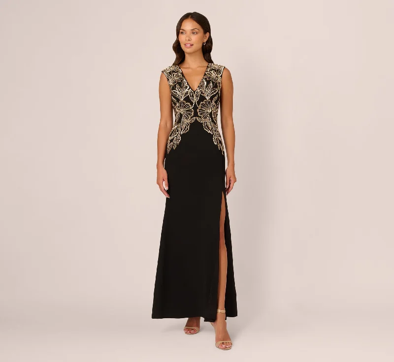 Maxi dresses with an asymmetric hem for a fashion - forward and eye - catching designBeaded Crepe Long Dress In Black