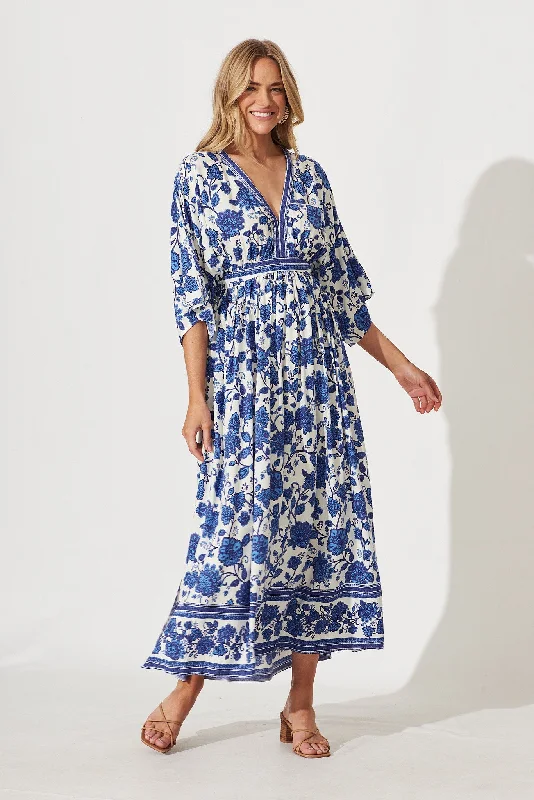 Maxi dresses with one - shoulder designs for a stylish and asymmetric lookBreak Free Maxi Dress In Cream With Blue Floral Border Print