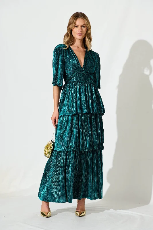 Sheer maxi dresses with lace overlays for a romantic touchCarnation Maxi Dress In Teal Lurex