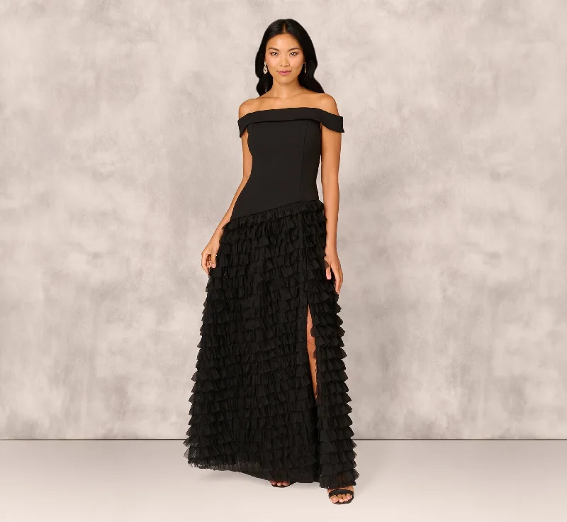 Maxi dresses with a ruched bodice for a more form - fitting and feminine shapeCombo Fabric Drop Waist Ballgown In Black