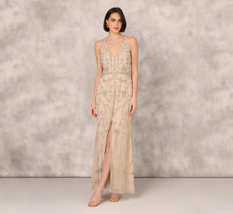 Maxi dresses with off - the - shoulder styles for a romantic and breezy lookFlourish Beaded Halter Gown With Open Back In Biscotti